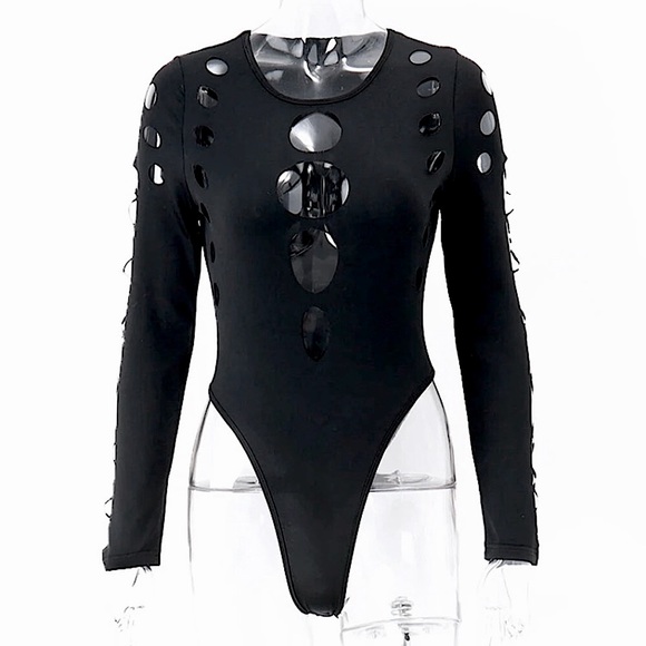 Black hollow out long sleeve bodysuit - Picture 3 of 14